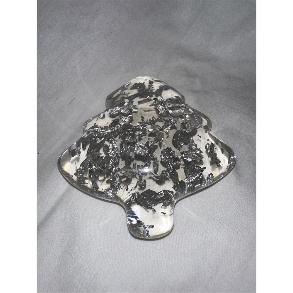 Vintage Lucite Paperweight‎ Christmas Tree With Silver Flecks.  4 1/4"